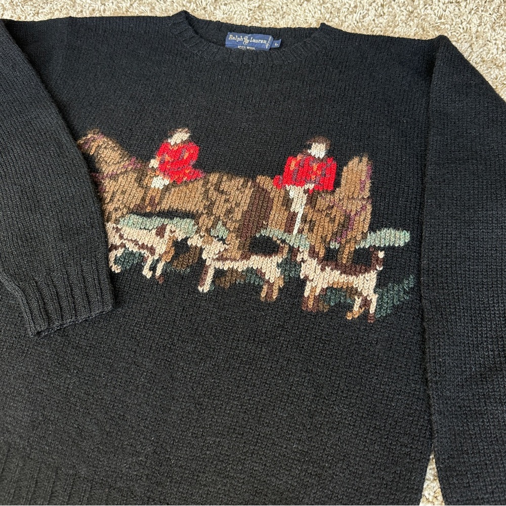 RARE - RALPH LAUREN Vtg Equestrian Horse English Hunt Wool Hand Knit Sweater L - Picture 10 of 15